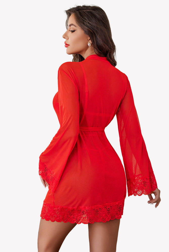 Red mesh robe and lace lingerie set with floral lace details. Sexy lingerie for confident women.