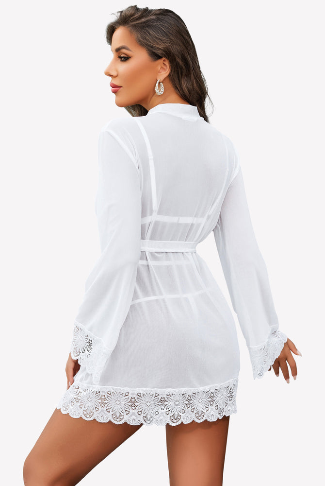 White mesh robe with lace trim, part of a 2-piece set, designed for a confident and sexy look.