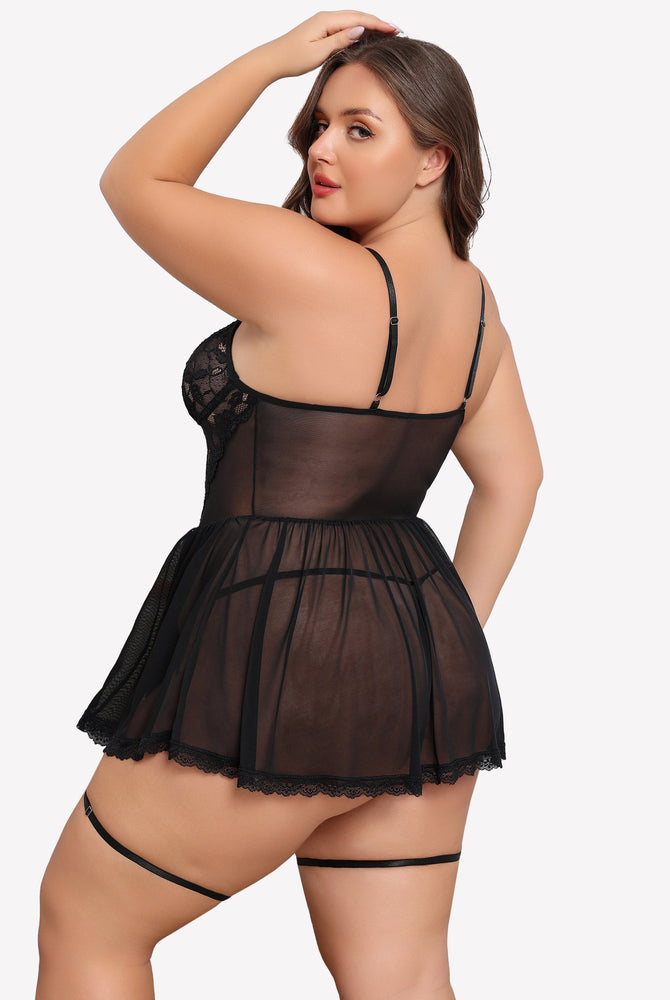 Plus size black lace babydoll with garter belt, sheer lace cups, and mesh skirt