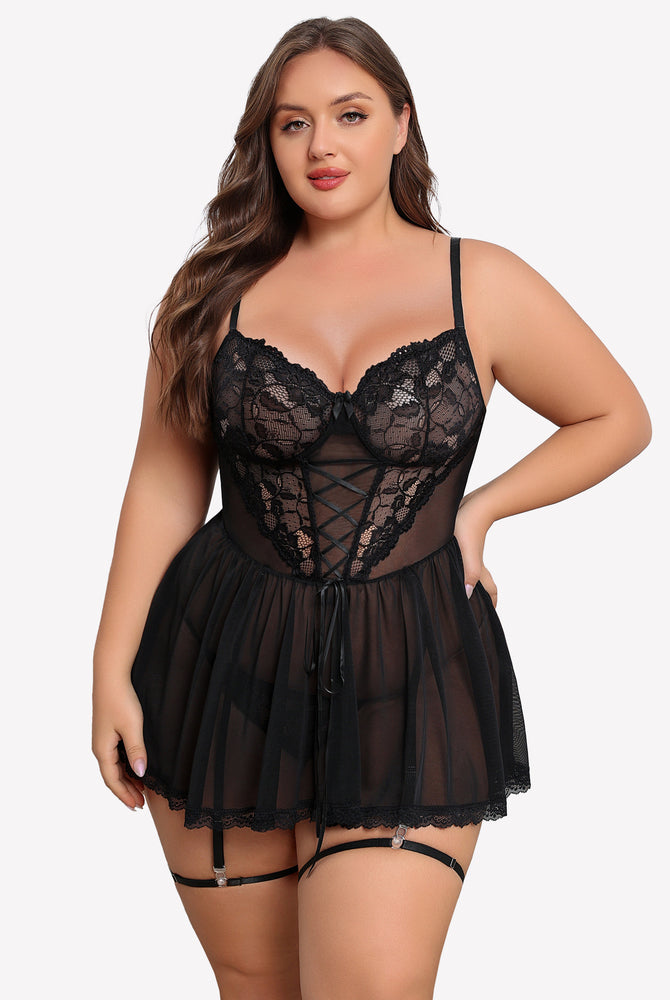 Plus size black lace babydoll with garter belt, sheer lace cups, and mesh skirt.