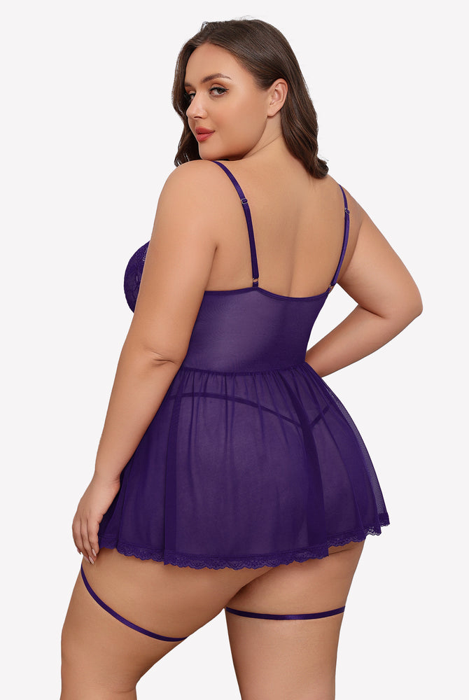 Plus size purple lace babydoll with garter belt, sheer cups and mesh skirt, model wearing lingerie
