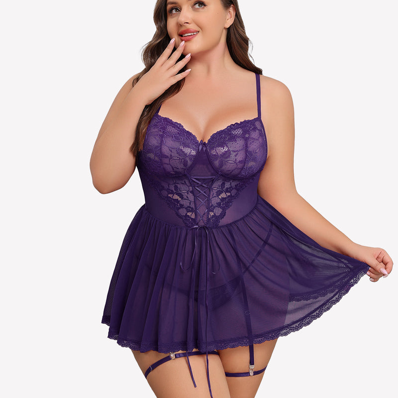 Plus size purple lace babydoll with garter belt, sheer cups and mesh skirt
