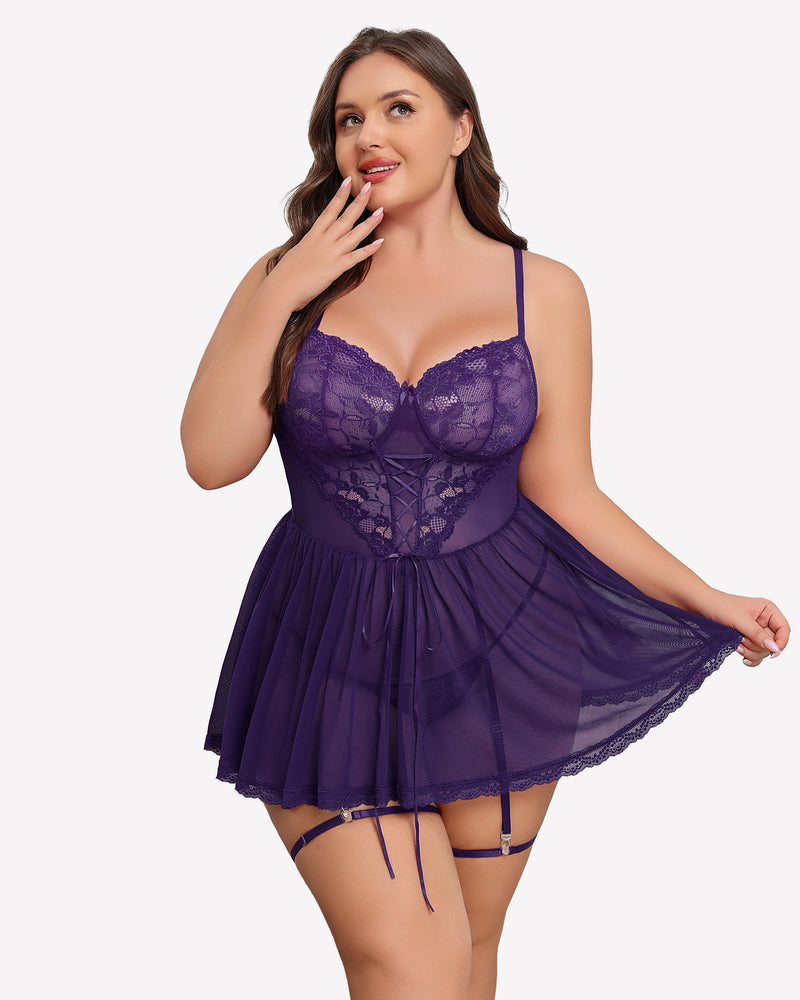Plus size purple lace babydoll with garter belt, sheer cups and mesh skirt