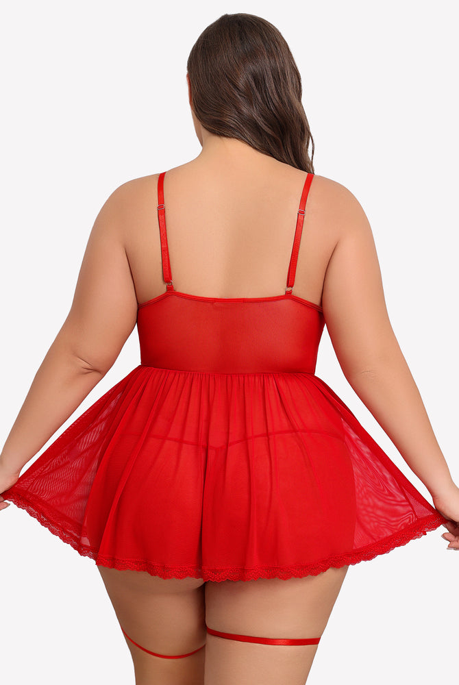 Plus Size Red Lace Babydoll Lingerie Set with Garter Belt. Soft mesh and lace details.