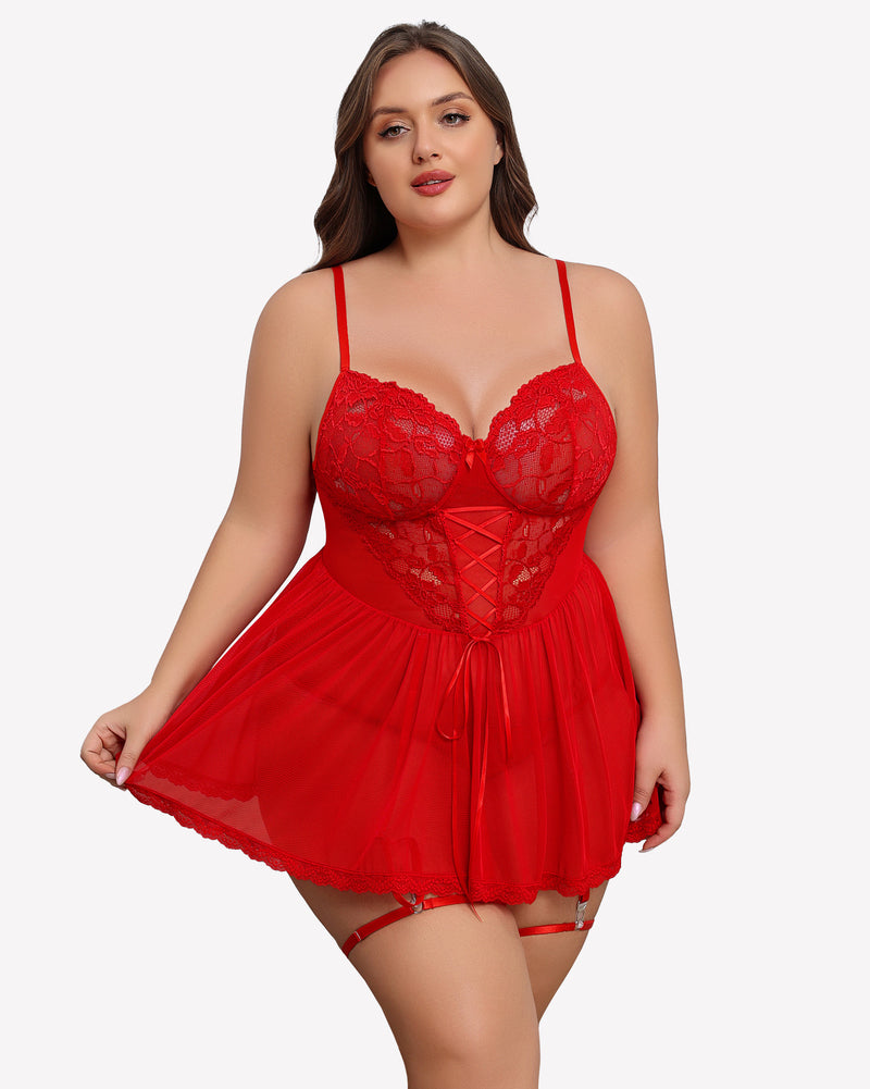 Plus size red lace babydoll with garter belt, sheer cups and mesh skirt, model wearing lingerie