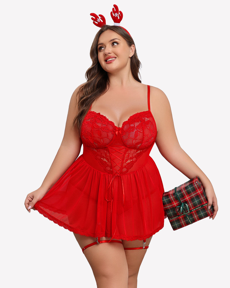 Plus size red lace babydoll with garter belt, reindeer antlers, sheer cups, mesh skirt, gift