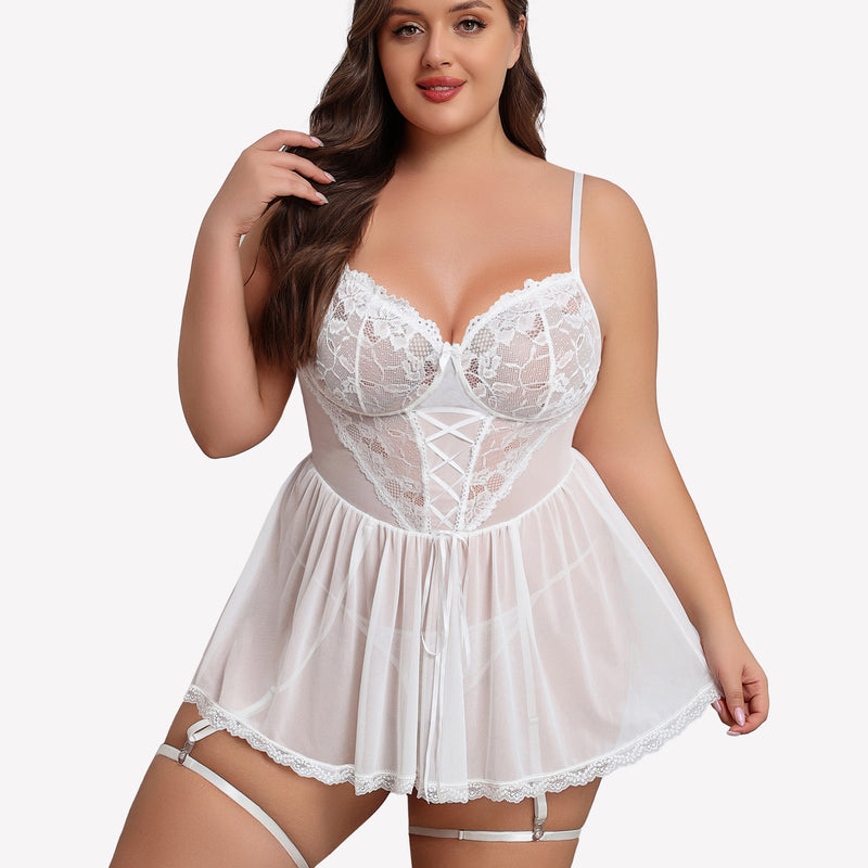 Plus size white lace babydoll with garter belt, sheer cups, and mesh skirt