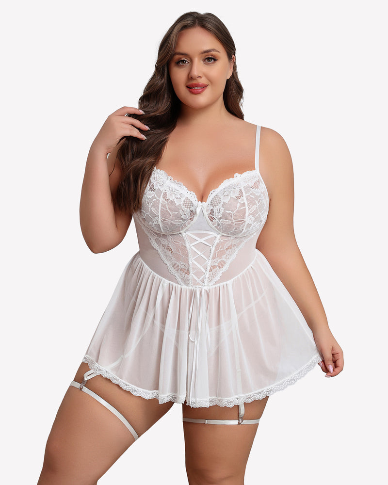 Plus size white lace babydoll with garter belt, sheer cups, and mesh skirt