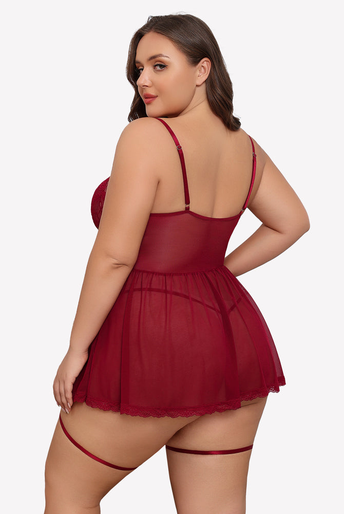 Plus size burgundy lace babydoll with garter belt, sheer cups, and mesh skirt