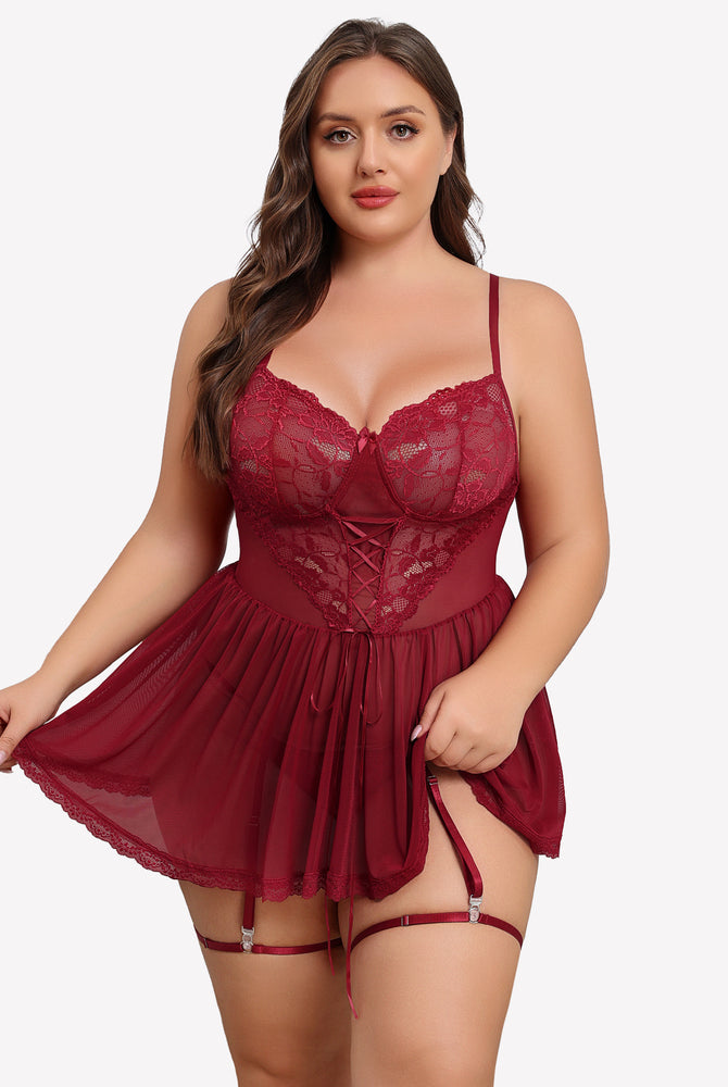Plus size burgundy lace babydoll with garter belt, sheer cups and mesh skirt