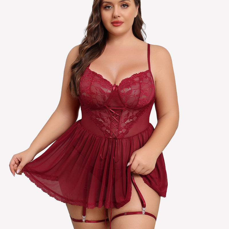 Plus size burgundy lace babydoll with garter belt, sheer cups and mesh skirt