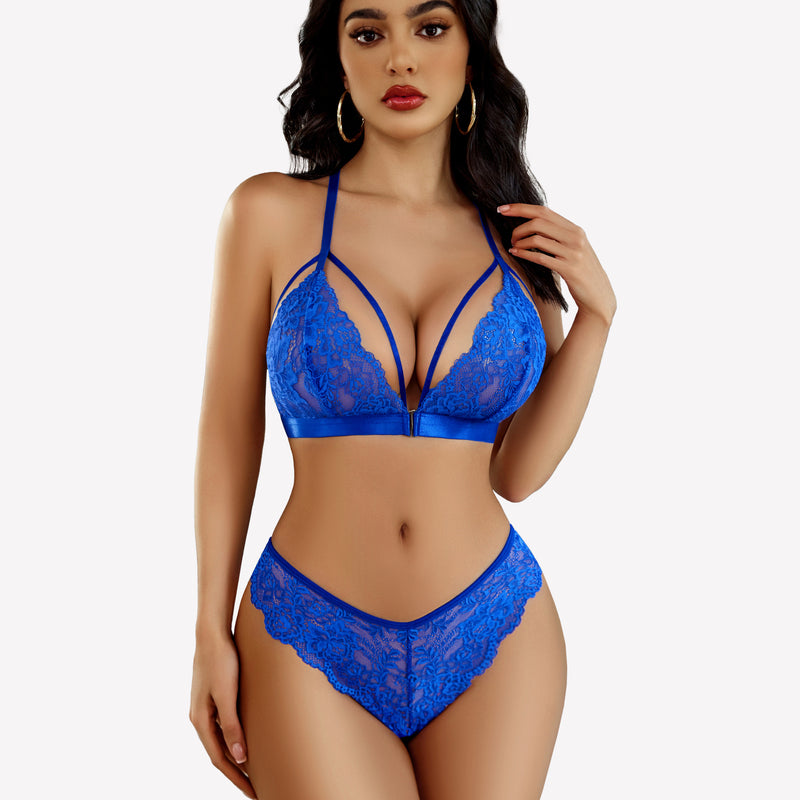 Blue lace lingerie set with strappy bra and thong, floral lace details, for a sexy look.
