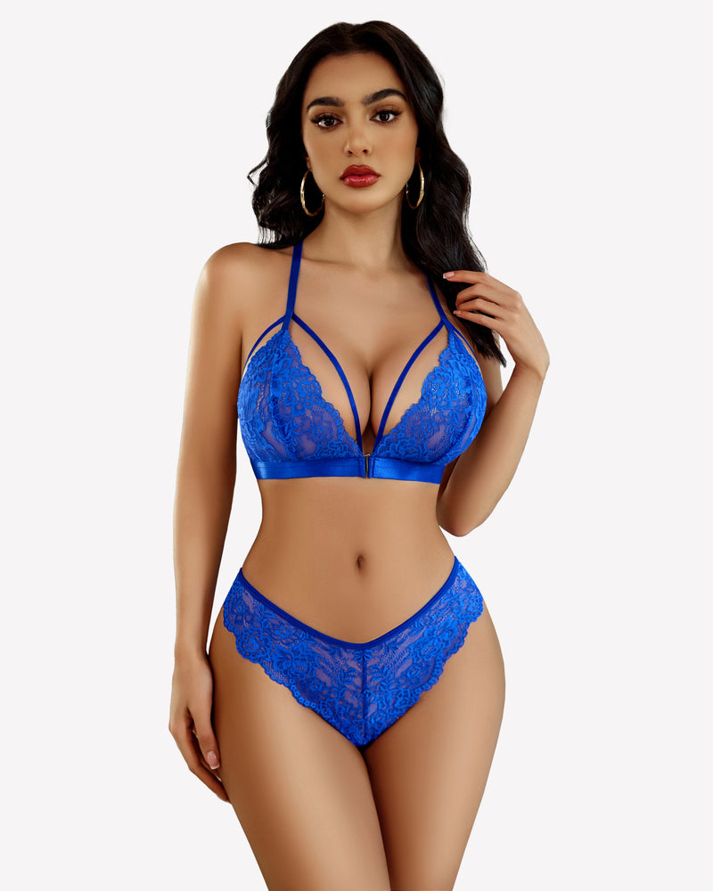 Blue lace lingerie set with strappy bra and thong, floral lace details, for a sexy look.