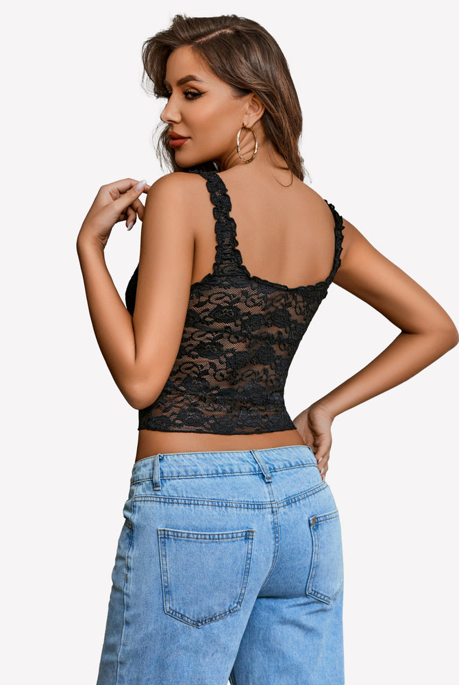Black lace mesh crop tank top, racerback style with lace overlay and tie front
