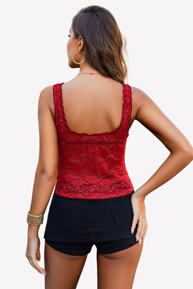 Burgundy lace mesh crop tank top with scalloped lace back and thin straps