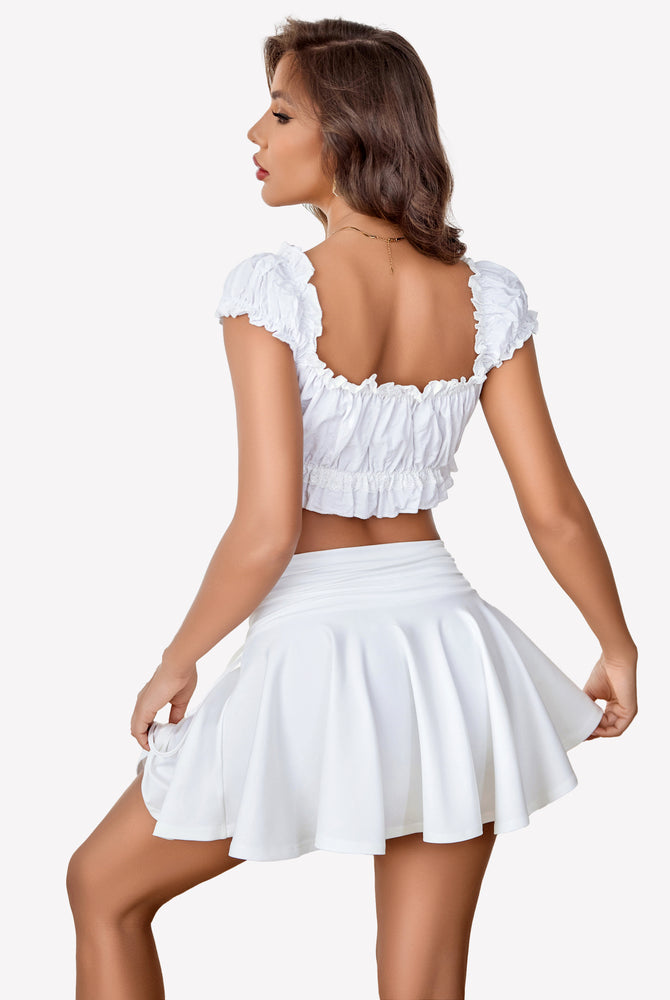 White Y2k mini skirt with drawstring waist and crop top, A-line design, stylish look
