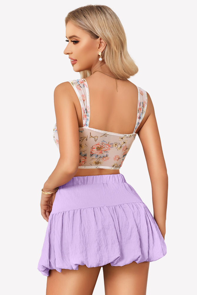 Lavender bubble hem mini skirt, Y2K style, with floral bustier top, perfect for parties and dates.