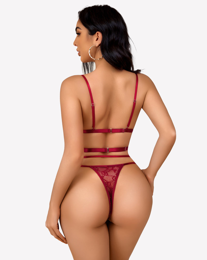Burgundy lace lingerie set with strappy bra and thong panty. Sexy lingerie set for women.