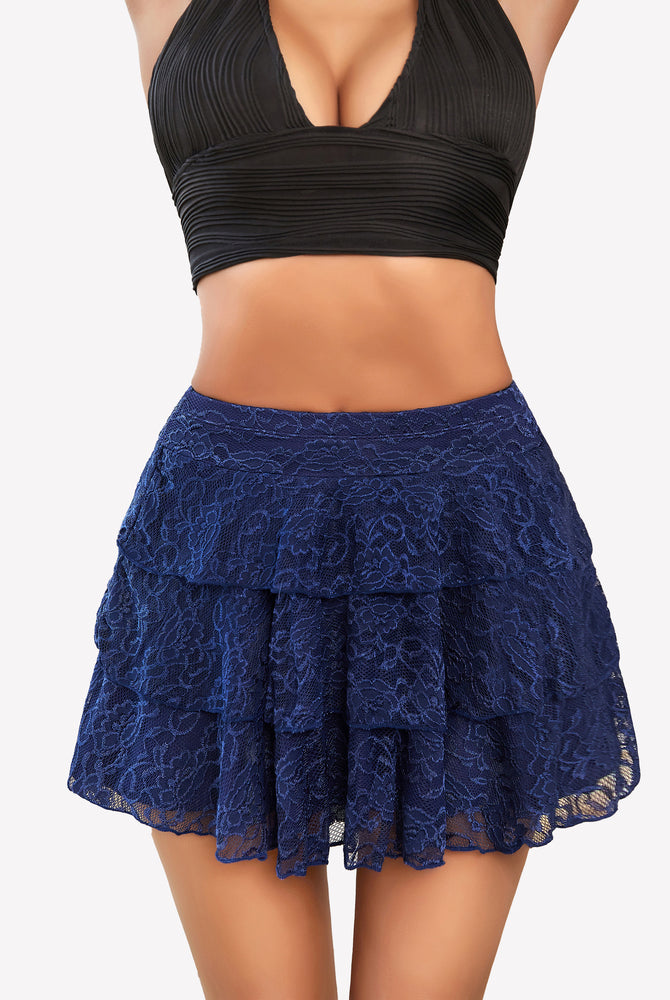 Navy blue lace pleated mini skirt with three-layer ruffles, sexy and comfortable.