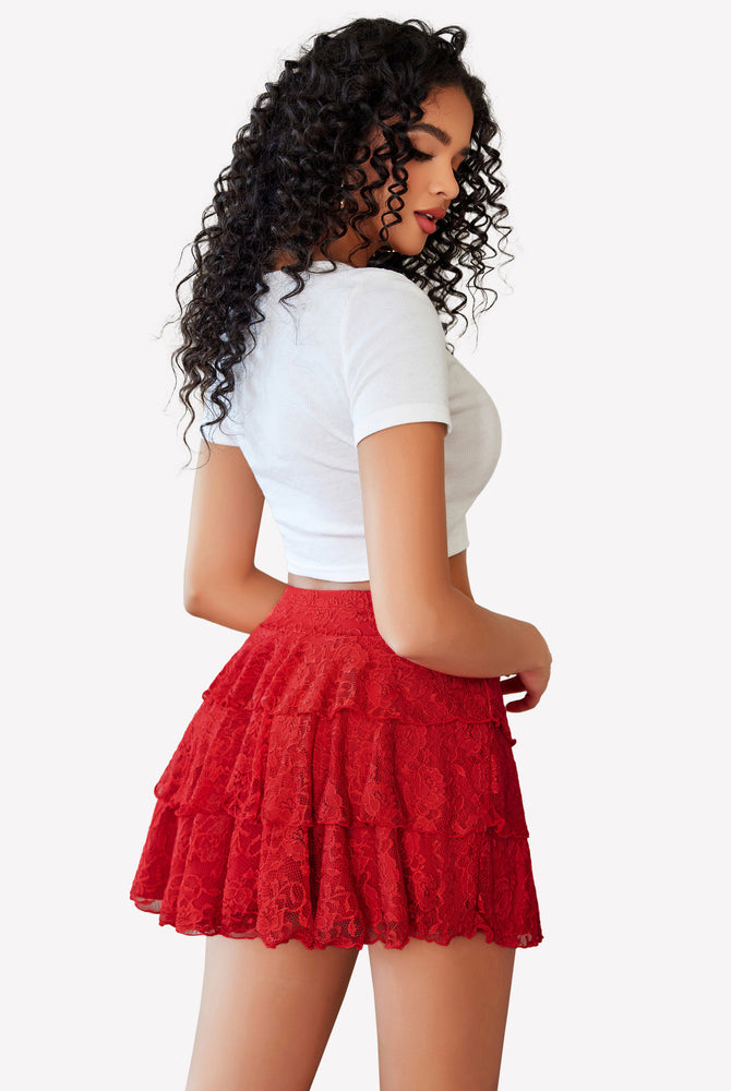 Red lace pleated mini skirt with ruffles, sexy and comfortable, perfect for lingerie.