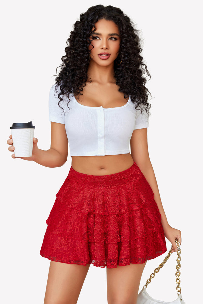 Red lace mini skirt with pleated ruffles, paired with a white crop top. Sexy and comfortable.