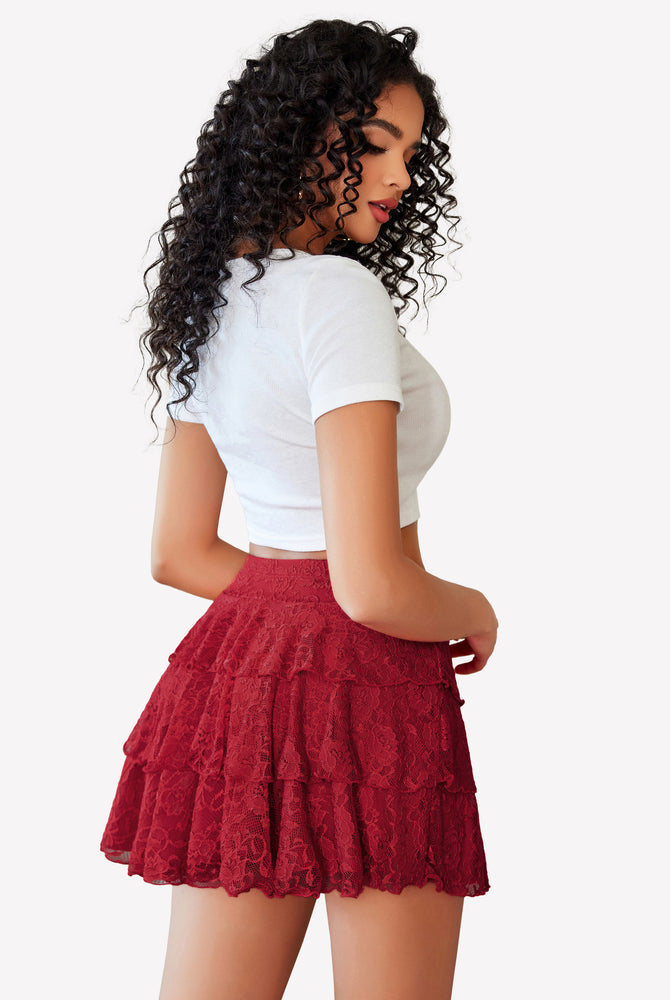 Red lace pleated mini skirt with three-layer ruffles, sexy and comfortable outfit.