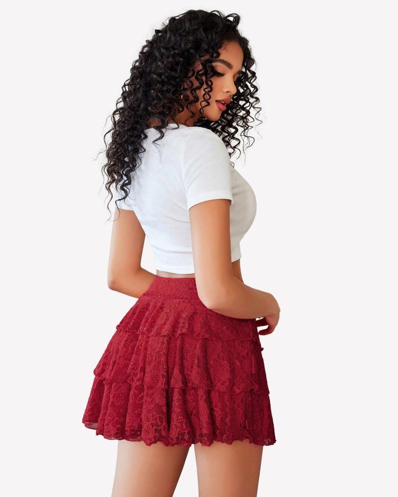 Red lace pleated mini skirt with three-layer ruffles, sexy and comfortable outfit.