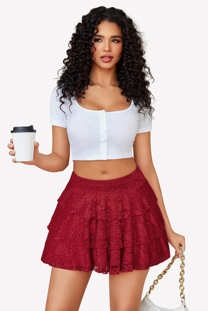 Red lace pleated mini skirt with ruffles, paired with white crop top. Sexy and comfortable.