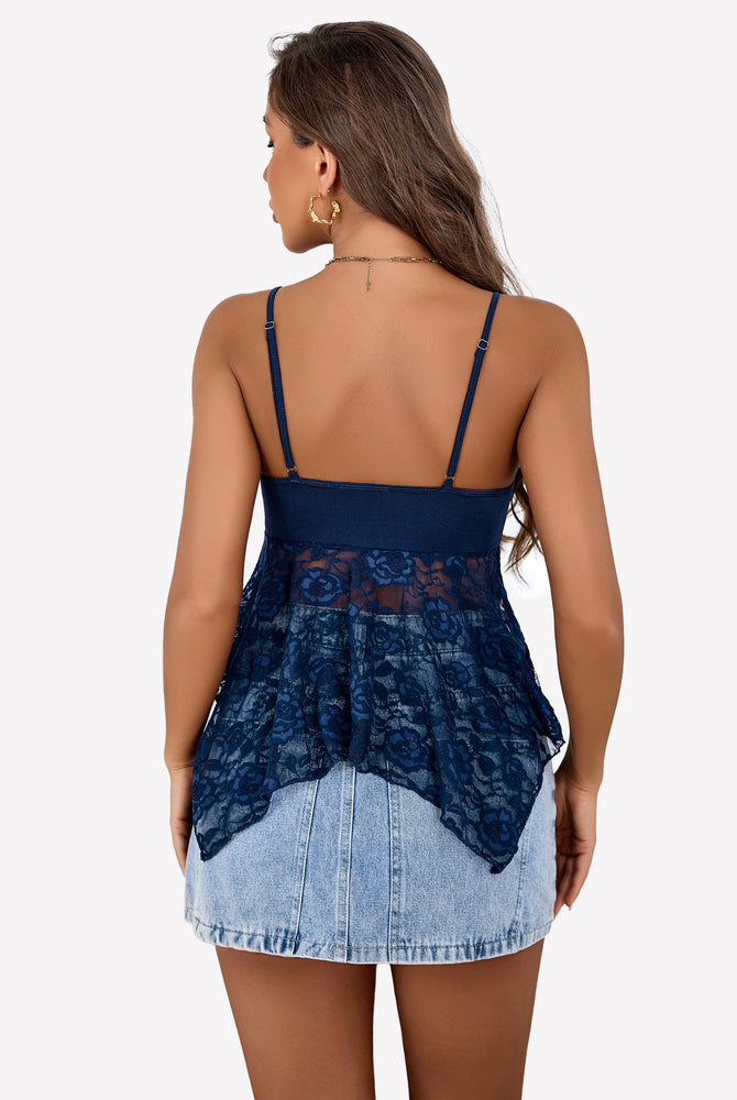 Navy blue Y2k floral lace camisole top with adjustable straps and denim skirt. Sexy Y2k camisole.