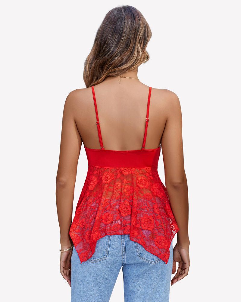 Red Y2k camisole top with floral lace, adjustable straps, and peplum hem. Sexy camisole for women.