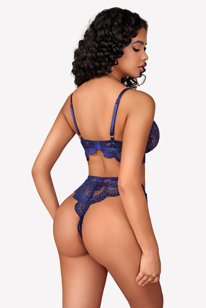 Navy blue floral lace bra and panty set with adjustable straps, elegant lingerie