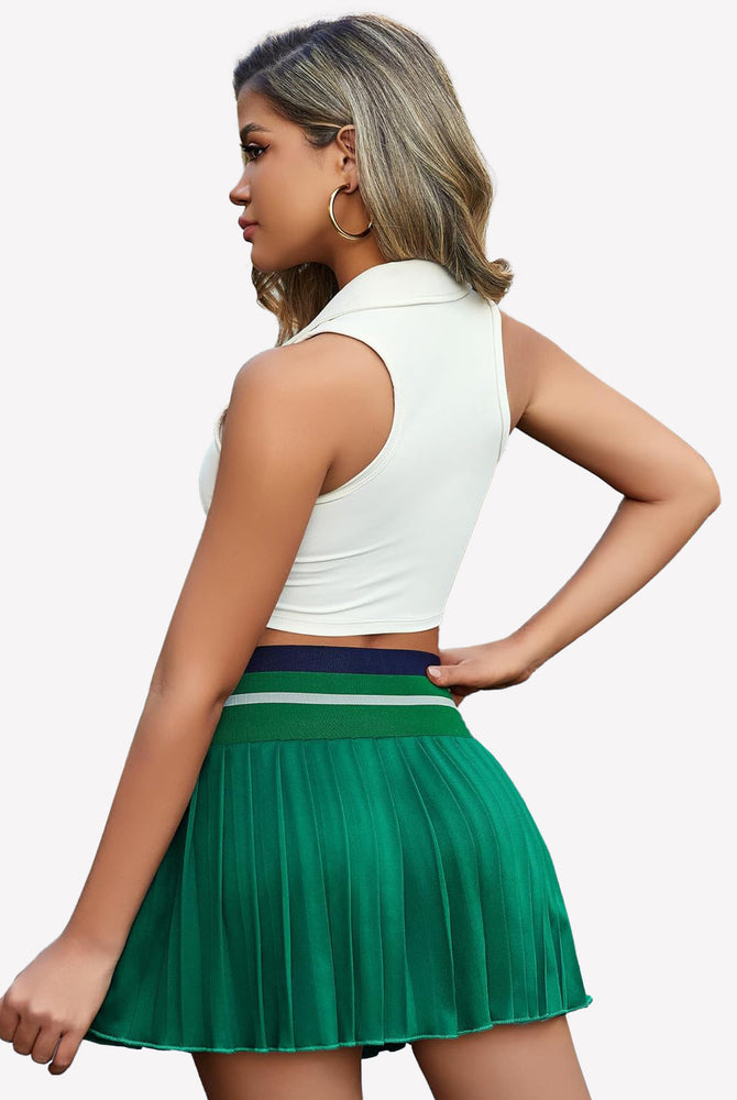 Green pleated mini skirt with high waist and striped waistband. Y2k style for women.