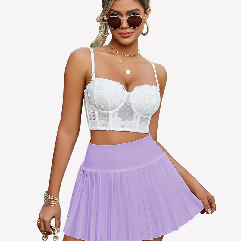 Y2k lavender pleated mini skirt. High-waisted, stylish design for confident wear.