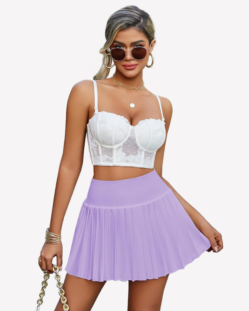 Y2k lavender pleated mini skirt. High-waisted, stylish design for confident wear.