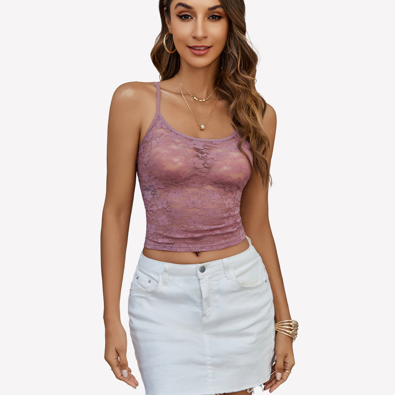 Mauve lace crop top with spaghetti straps and white denim skirt, Y2k going out tank top