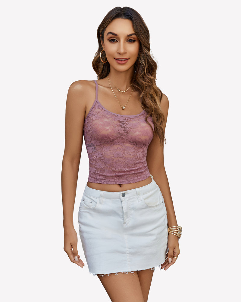 Mauve lace crop top with spaghetti straps and white denim skirt, Y2k going out tank top