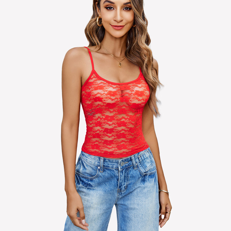 Red lace Y2k crop top with spaghetti straps and blue jeans, perfect for going out