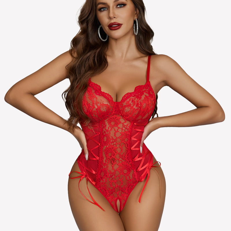 Red lace bodysuit with side lace-up, adjustable straps, underwired cups, boudoir outfits