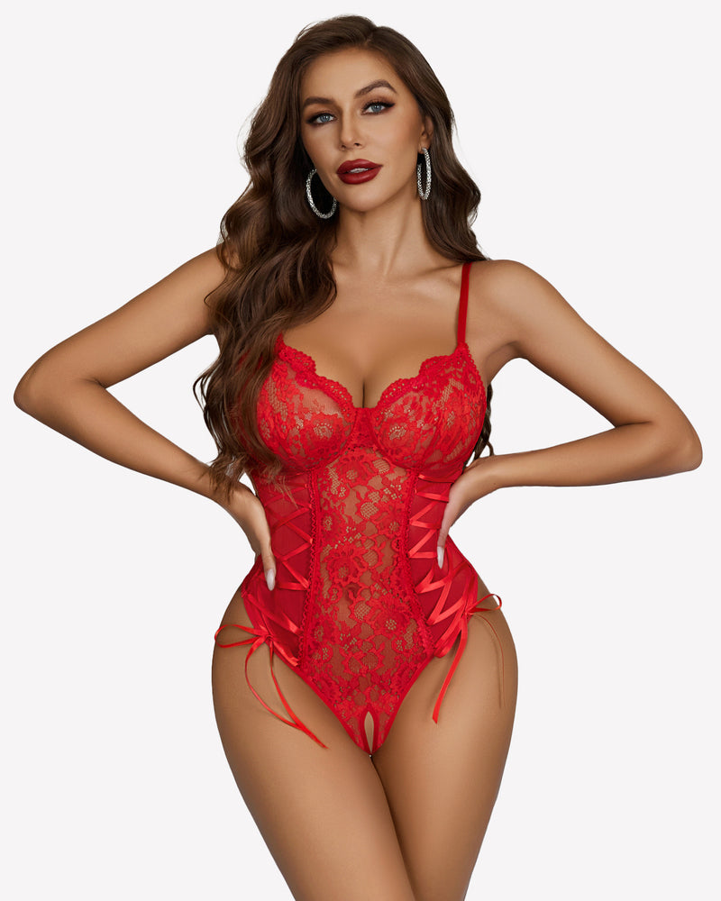 Red lace bodysuit with side lace-up, adjustable straps, underwired cups, boudoir outfits