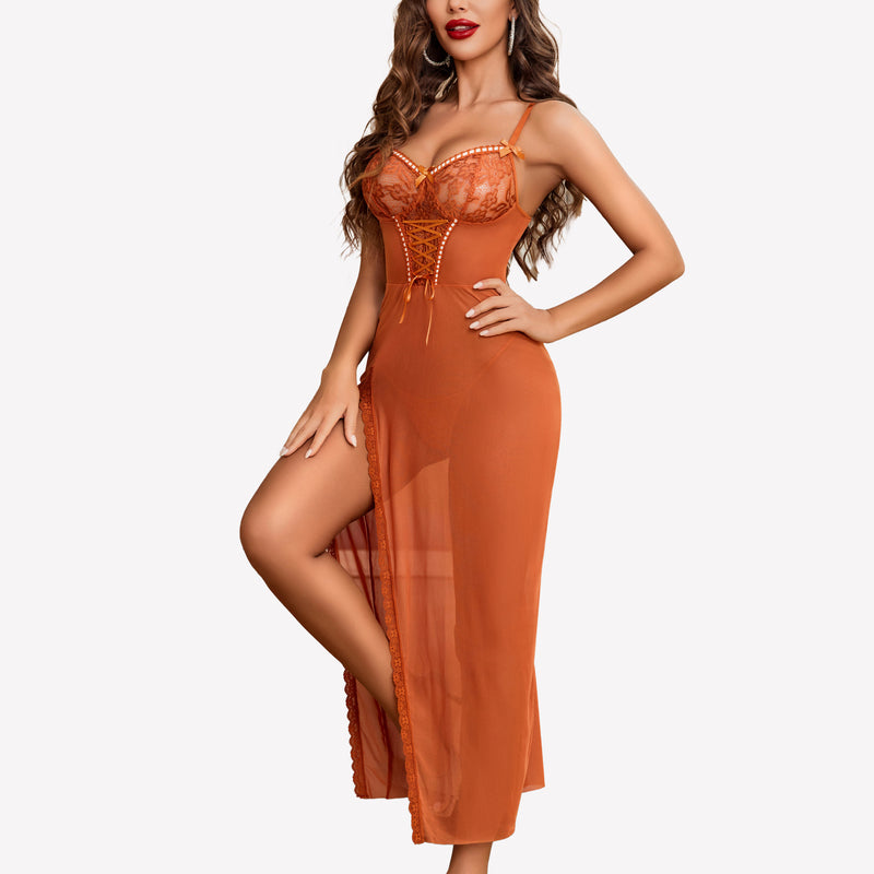 Burnt orange lace chemise nightdress with mesh side split, perfect for a sensual and confident look.