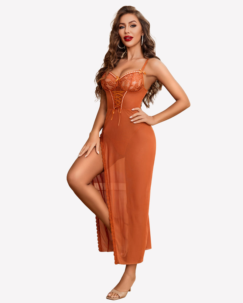 Burnt orange lace chemise nightdress with mesh side split, perfect for a sensual and confident look.