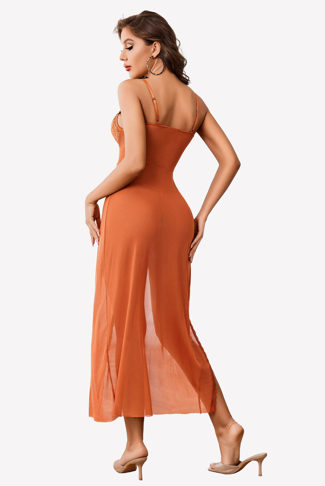 Orange lace chemise nightdress with side split, sheer lace cups, and mesh skirt.