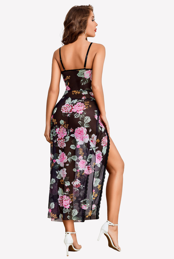 Black floral lace chemise nightdress with side split, sheer lace cups, and floral pattern.