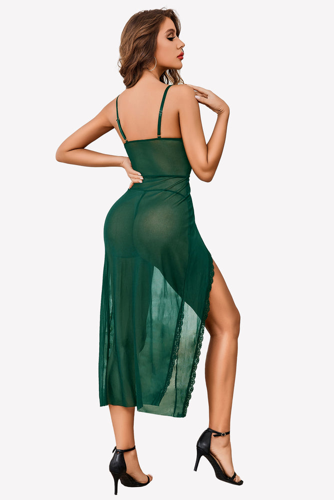 Green sheer lace chemise nightdress with side split. Sexy lingerie for confidence and inner beauty.