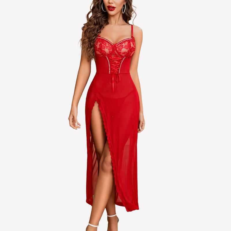Red lace chemise nightdress with side split, sheer lace cups, and corset detail. Sexy lingerie.