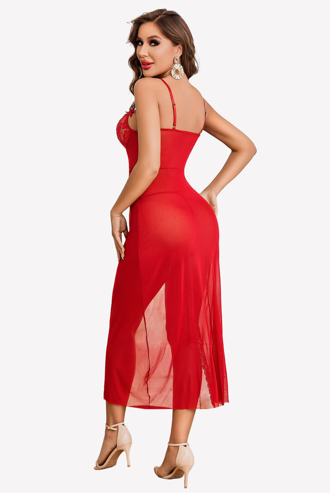 Red lace chemise nightdress with side split, sheer mesh, and lace details. Sexy lingerie.