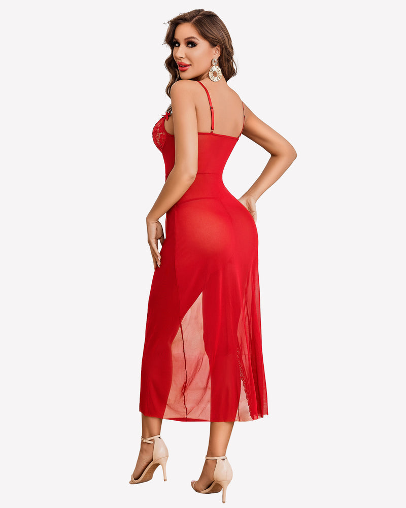Red lace chemise nightdress with side split, sheer mesh, and lace details. Sexy lingerie.