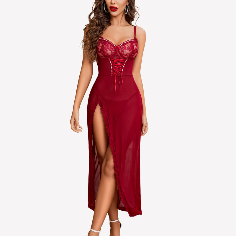 Burgundy lace chemise nightdress with side split and corset detail. Sexy lingerie for confidence.
