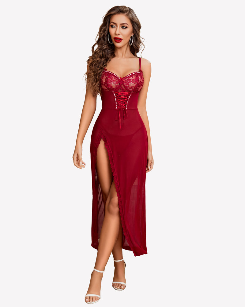 Burgundy lace chemise nightdress with side split and corset detail. Sexy lingerie for confidence.