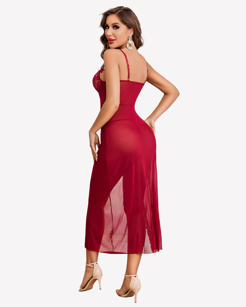 Burgundy lace chemise nightdress with side split, sheer mesh, and lace details. Sexy lingerie.